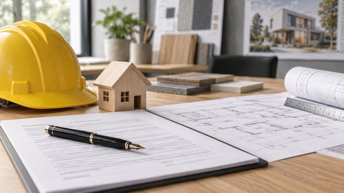 Bauunterlagen, Grundrisse und ein Modellhaus auf einem Besprechungstisch.